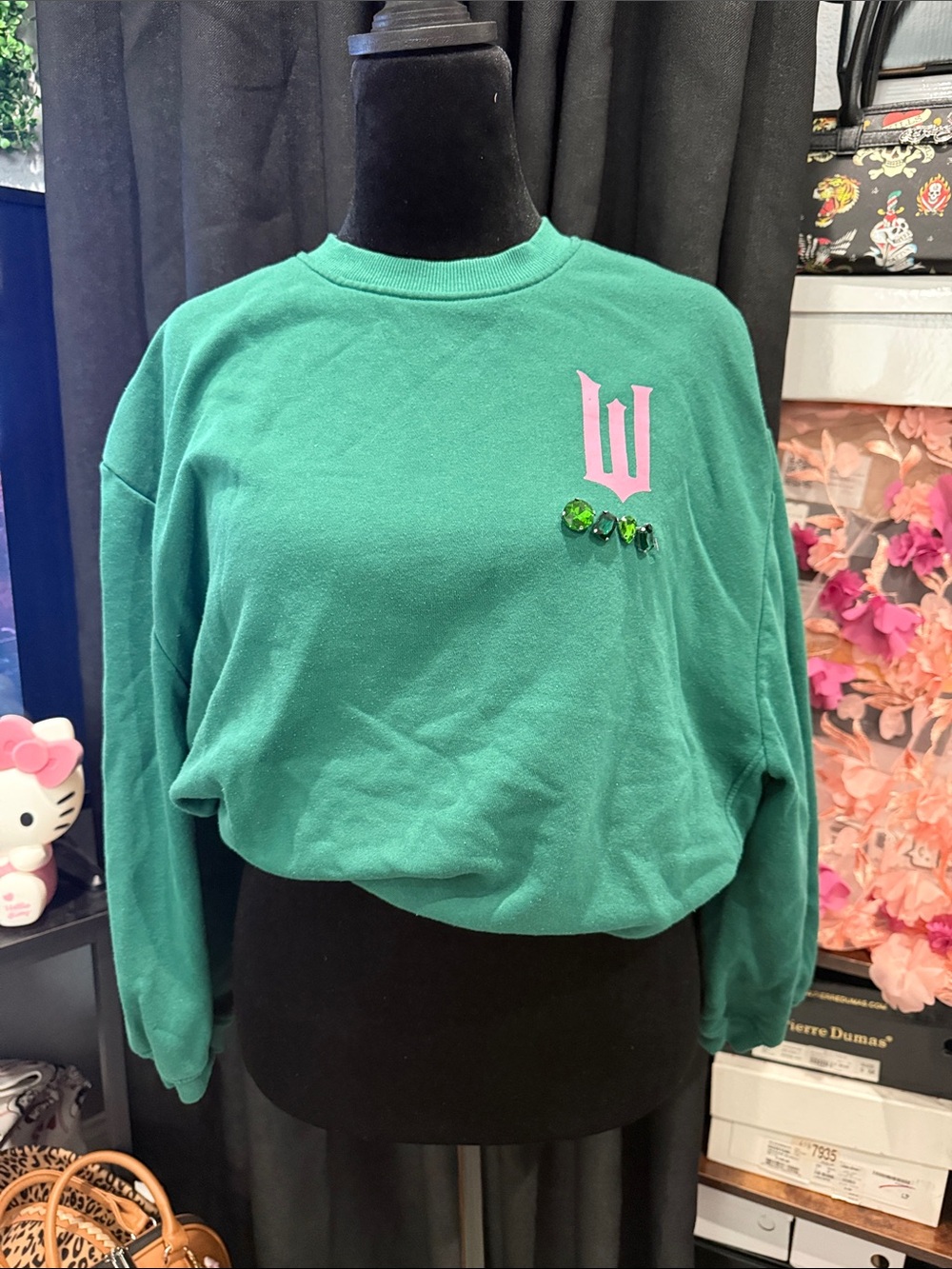 Wicked Green Crewneck Sweatshirt with Pink Logo and Gem Accents